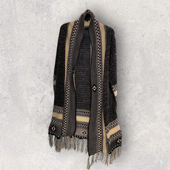 Bibi Women's Black Beige Fringe Cardigan Southwestern Knit Sweater Medium New - Picture 2 of 8